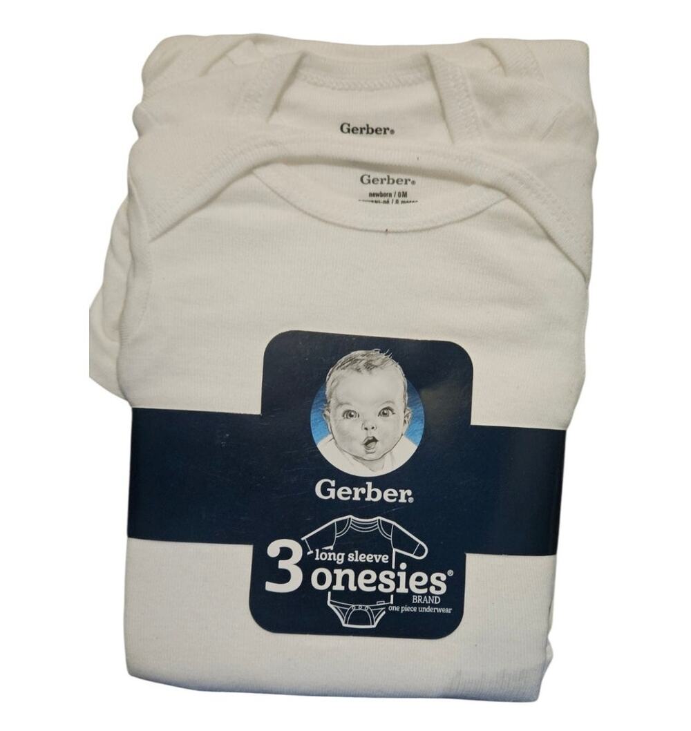 Gerber 3-Pack Long Sleeve Onesies NWT Newborn 0M White
